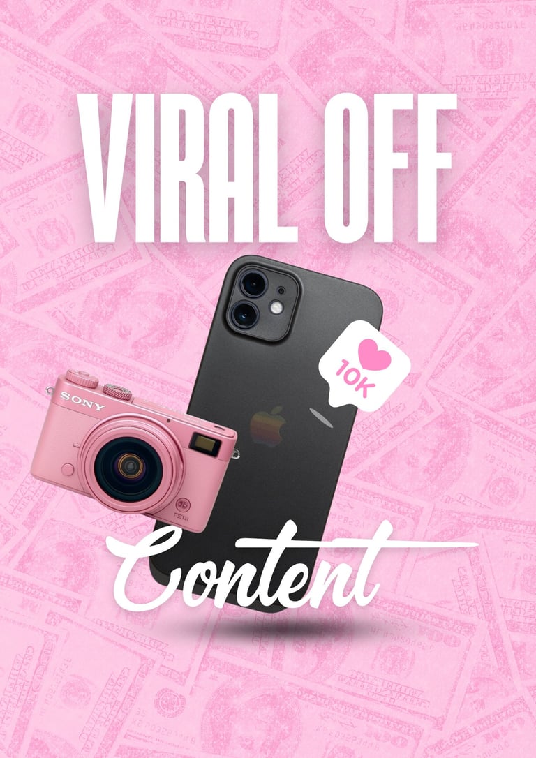 Pink poster with Viral Off Content text, featuring a black smartphone with heart icon and pink digital camera against textured background