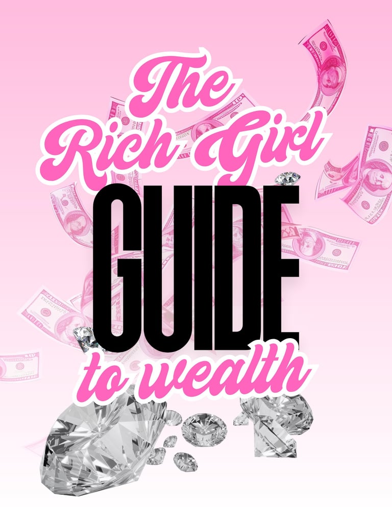 The Rich Girl Guide to Wealth book cover with pink text, floating money bills, and diamonds on pink background
