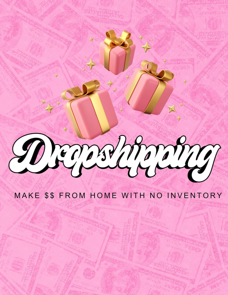 Pink dropshipping promotional graphic with three gold-wrapped gifts and money pattern, text reads Dropshipping Make $$ From Home With No Inventory