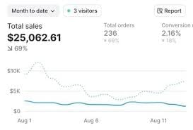 Sales dashboard showing total sales of $25,062.61 (up 3.68%) over the past 5 days, with a line chart tracking trends from Aug 1-11