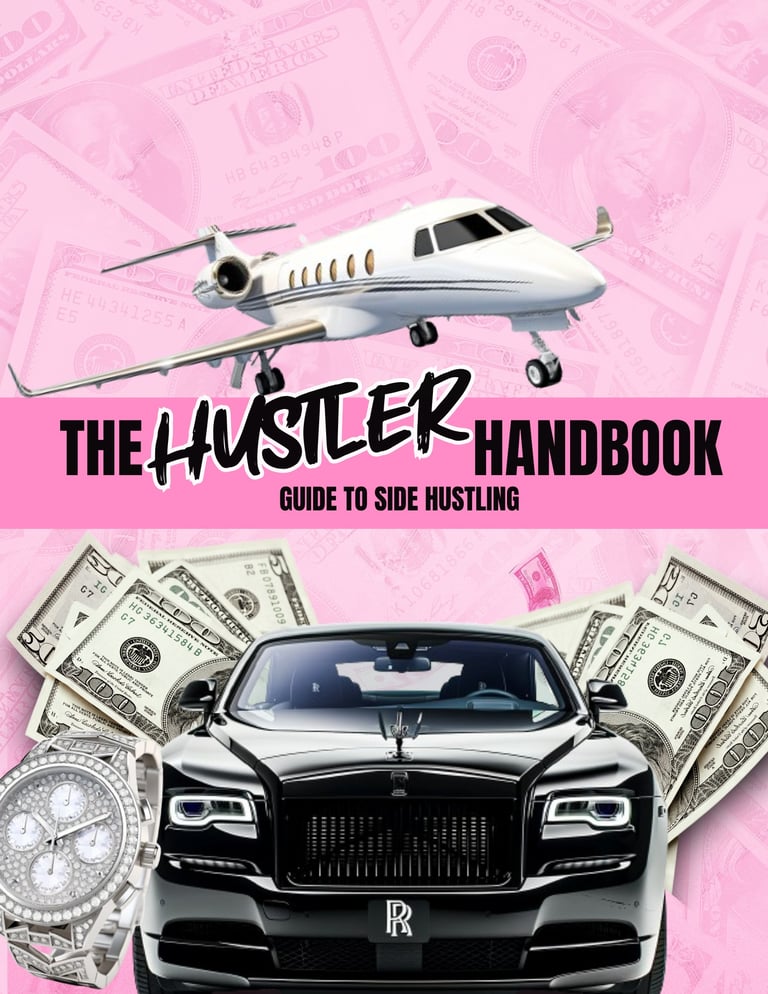 The Hustler Handbook Guide to Side Hustling book cover with private jet, luxury car, cash, and watch on pink background
