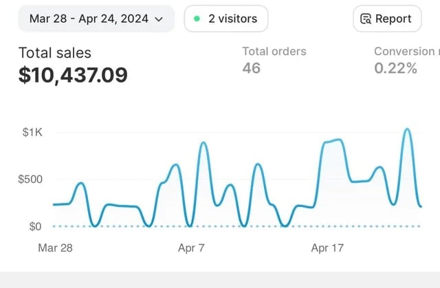 Sales analytics chart showing $10,437.09 total sales, 46 orders, and 0.22% conversion rate from March 28 to April 24, 2024